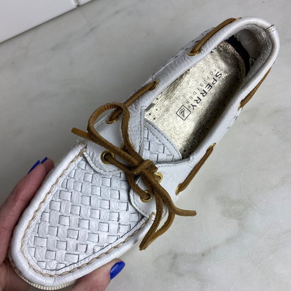 Sperry Shoes - Sperry Topsider white woven leather casual loafers flats, brown,  women's 6